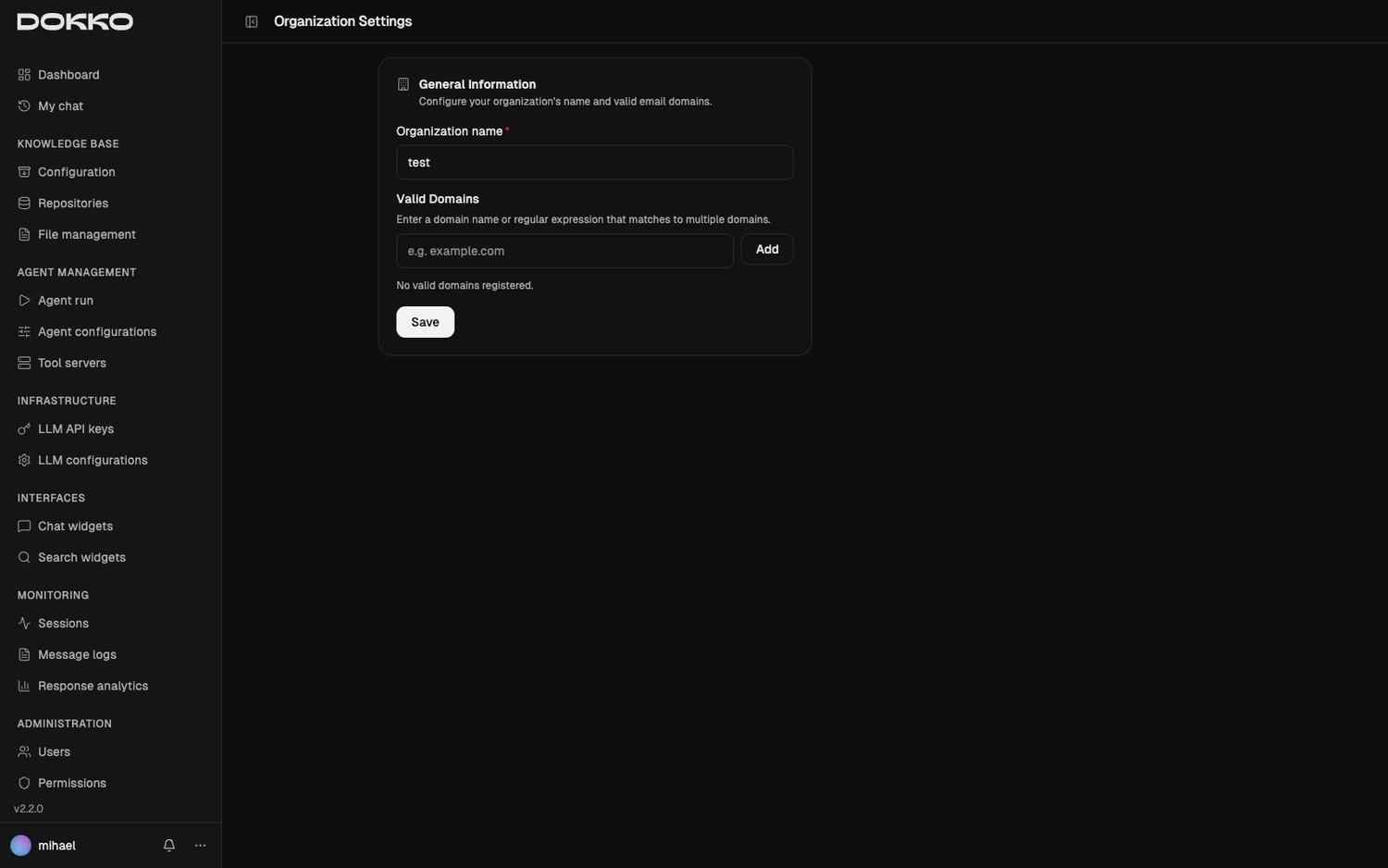 The Organization Settings page